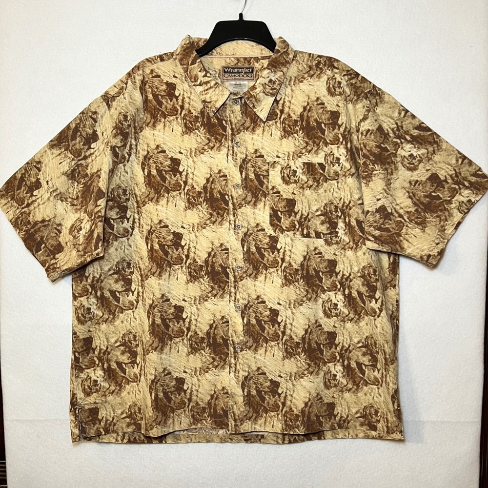 Wrangler Camodog Short Sleeve Shirt Tan 90s Hunting Labrador Dog Print Mens XXL